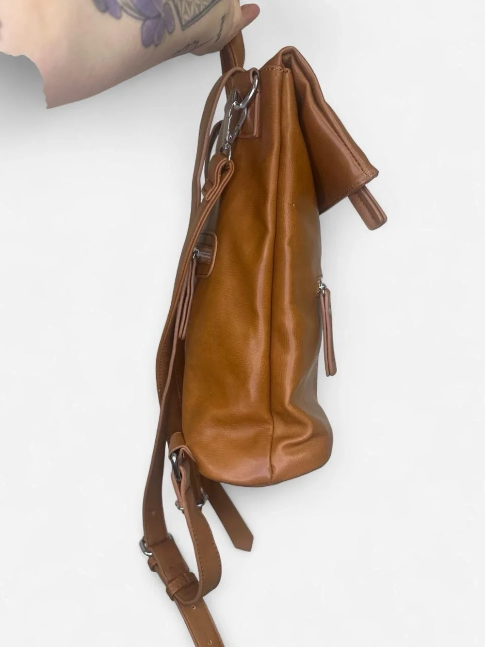 Tan Vegan Leather Fold Over  Backpack
